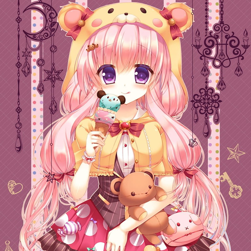 Ice Cream, pretty, dress, brown, bonito, adorable, eat, sweet, nice, yummy, stuffed toy, anime, icecream, beauty, anime girl, long hair, gorgeous, delicious, female, lovely, food, toy, cute, kawaii, girl, awesome, pink hair, teddy bear, eating, HD wallpaper