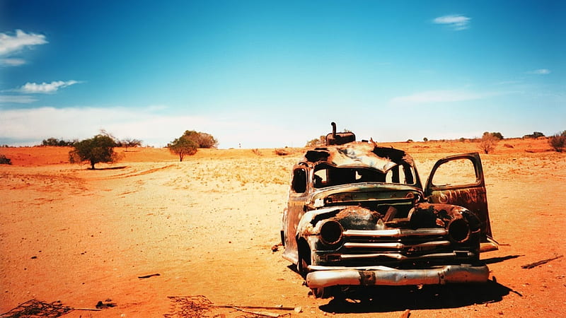 Old Car, wreck, sun, desert, landscape, HD wallpaper