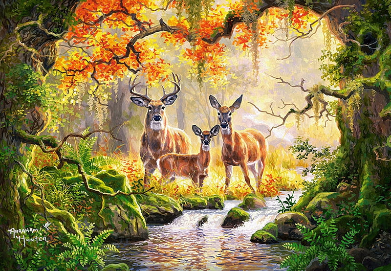 Animals, forest, art, water, bird, painting, animal, deer, HD wallpaper |  Peakpx