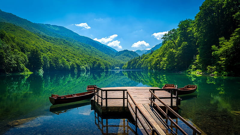National park Biogradska gora, national park, pier, reflection, tranquility, lake, forest, calmness, Montenegro, sky, mountain, boats, serenity, HD wallpaper