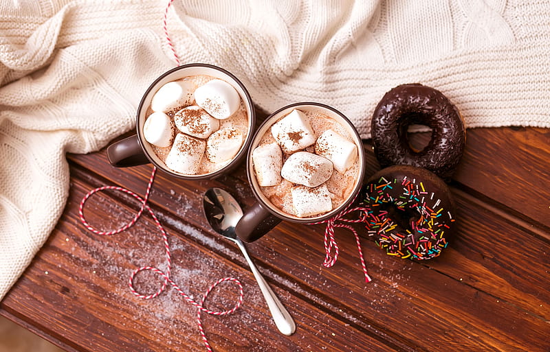 Food, Hot Chocolate, Cup, Doughnut, Marshmallow, Still Life, HD wallpaper