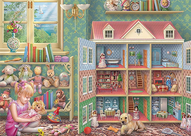 :), art, house, girl, caine, copil, child, dog, doll, puppy, painting, pictura, HD wallpaper