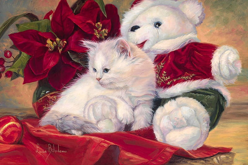 Christmas kitten, lucie bilodeau, art, red, christmas, toy, cat, painting, ceaciun, pisici, kitten, teddy bear, pictura, white, HD wallpaper