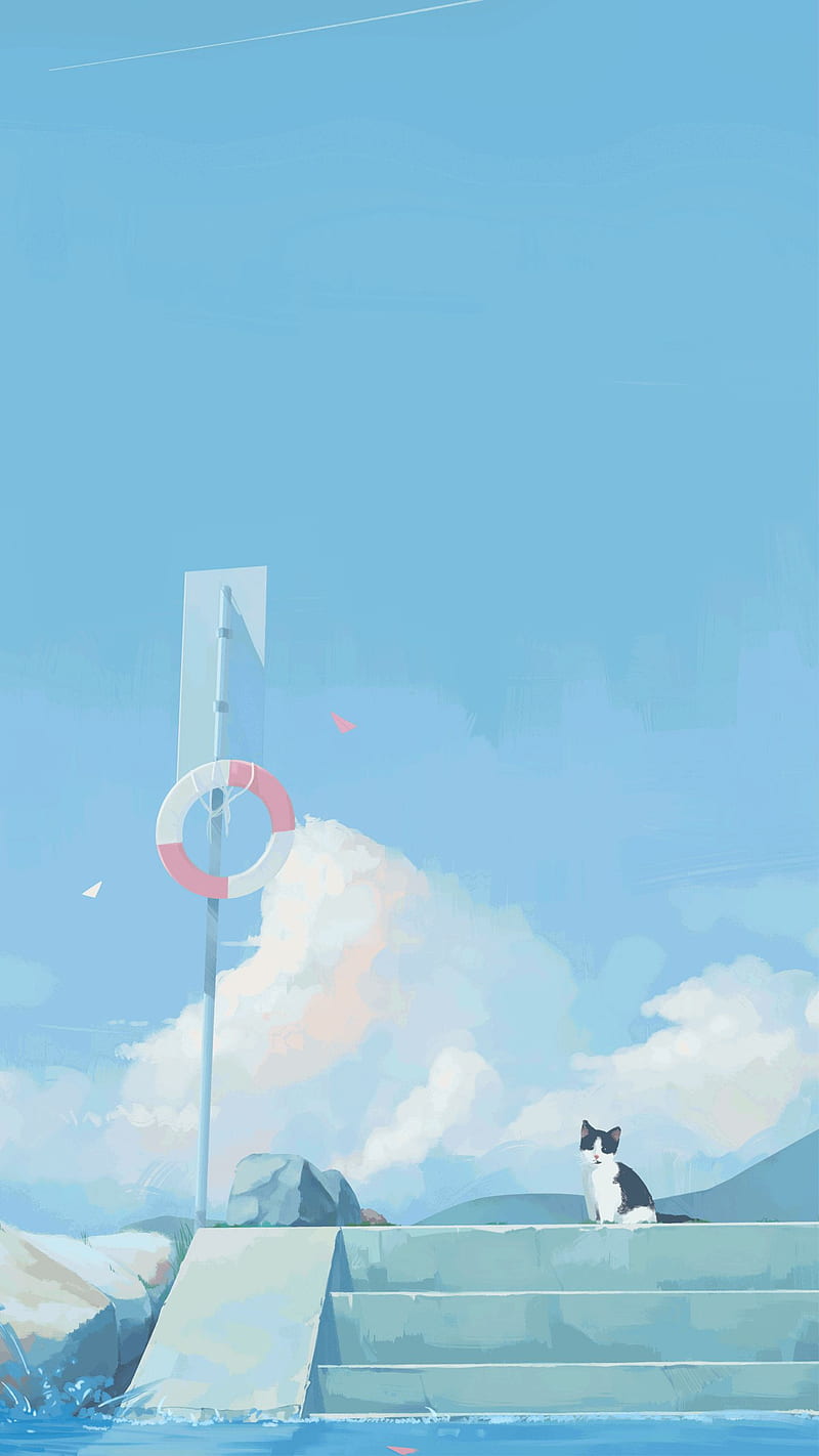 anime, sky, simple background, cats, cyan, HD phone wallpaper