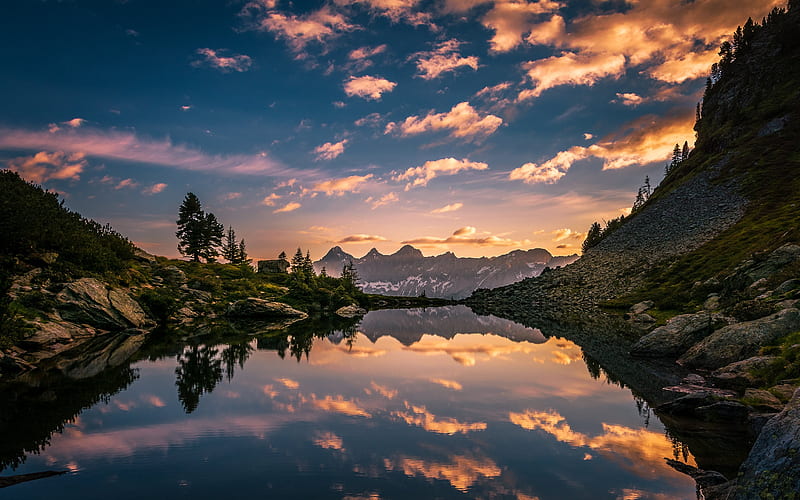 Lakes, Lake, Alps, Austria, Dawn, Mountain, Nature, Reflection, Sky, HD wallpaper
