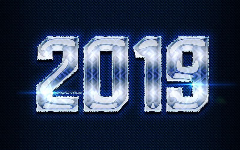 2019 blue glass digits, Happy New Year 2019, blue metal background, blue digits, 2019 glass art, 2019 concepts, 2019 on blue background, 2019 year digits, HD wallpaper