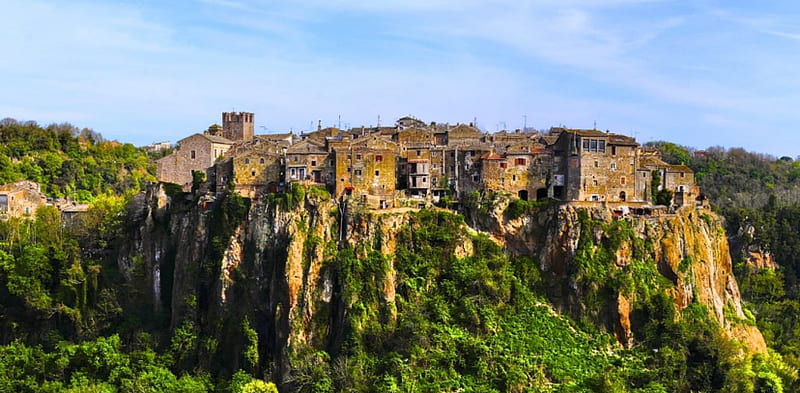 Calcata_Italy, Italia, Rock, Town, Italy, Architecture, Village, Panorama, Nature, Landscapes, Ancient, HD wallpaper