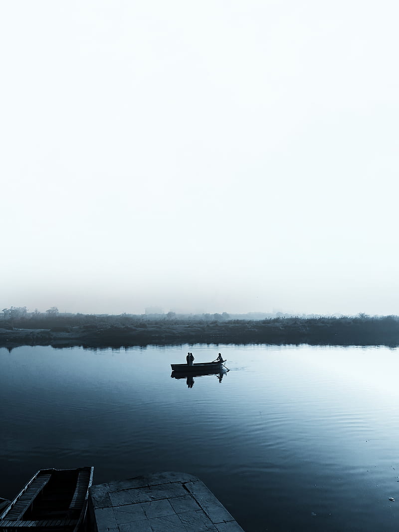 lake, boat, fog, shore, sail, cloudless, HD phone wallpaper