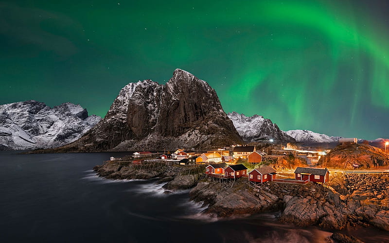 Northern lights of Norway, Shore, Mountains, Ses, Village, HD wallpaper