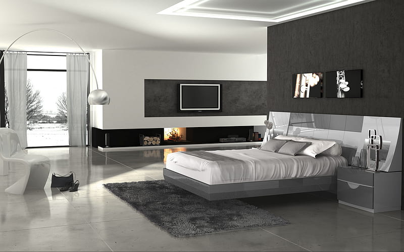 gray bedroom, loft style, modern interior design, white marble floor in the bedroom, stylish interior design, HD wallpaper