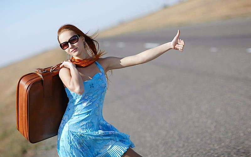 Hitching a Ride, dress, model, redhead, suitcase, HD wallpaper