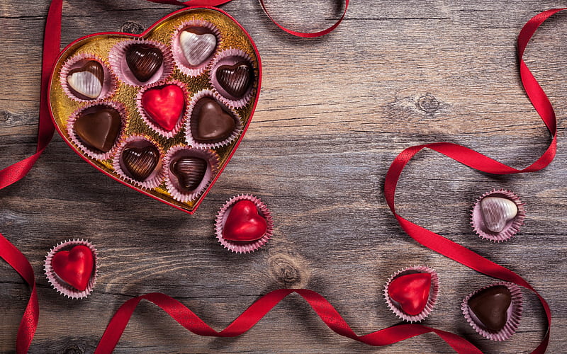 Valentines Day, gift, chocolate candy, heart, red silk ribbon, love concepts, HD wallpaper