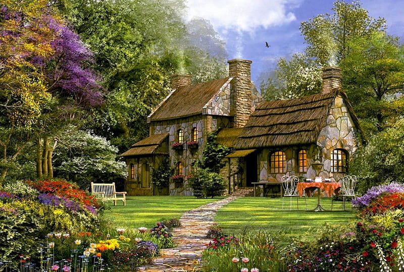 Garden Cottage, arquitecture, cottages, lovely, houses, colors, bonito, spring, digital art, trees, tea table, fantasy, flowers, gardens, path, lawn, HD wallpaper