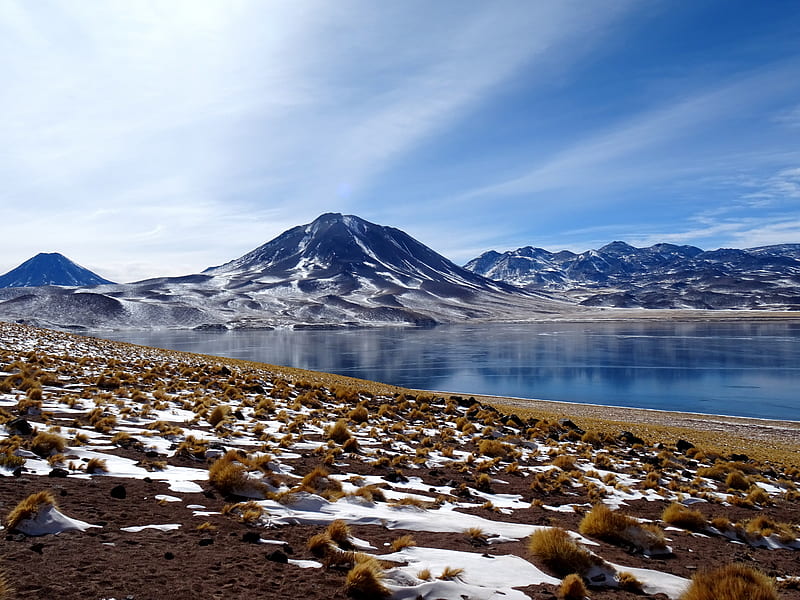 Frozen Lake, snow, mountains, barren, clouds, shrubs, frozen, lake, HD wallpaper