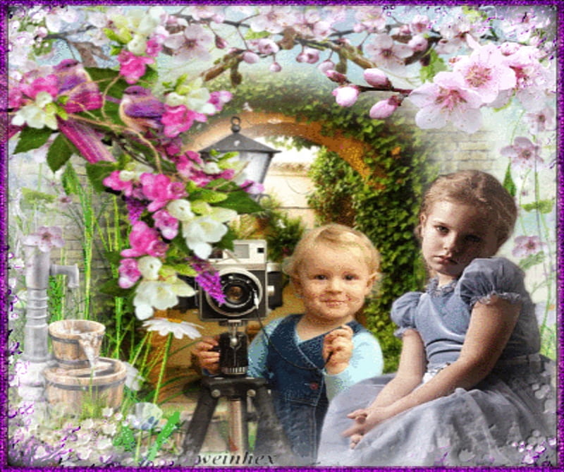 spring, shy, children, bonito, framed, cute, boy, girl, blooming, HD wallpaper