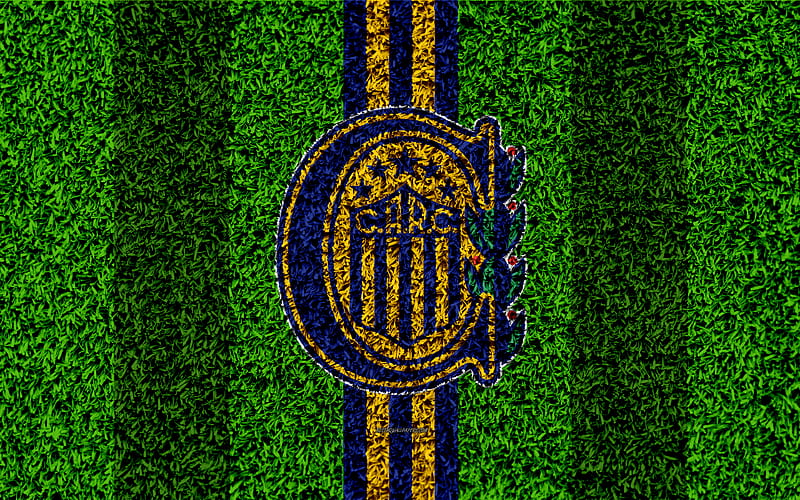 CA Rosario Central football lawn, logo, Argentinian football club, grass texture, blue yellow lines, Superliga, Rosario, Argentina, football, Argentine Primera Division, Superleague, HD wallpaper