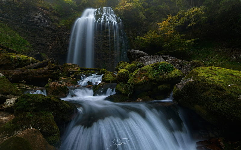 high waterfall, rock, green moss, rainforest, waterfalls, HD wallpaper