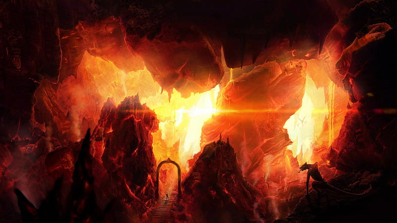 Welcome to Hell, underworld, stairs, hell, cave, door, entrance, fantasy, creatures, beast, satan, light, inferno, lava, abstract, doom, realm, fire, flames, devil, HD wallpaper