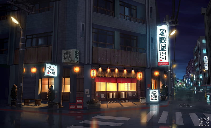 Anime street, restaurant, night, scenic, Anime, HD wallpaper | Peakpx