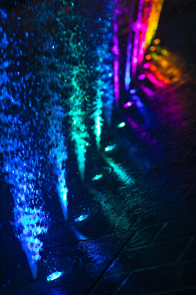 fountain, water, spray, colorful, backlight, HD phone wallpaper