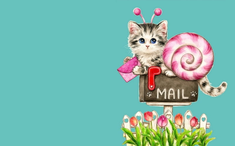 You've got mail, art, mail, snail, caemi hara, cat, card, cute, fantasy, flower, child, kitten, pink, pisica, blue, HD wallpaper