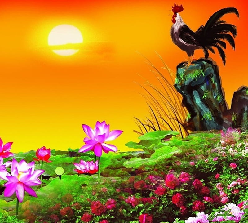 painting cock, painting, flowers, cock, nature, animal, HD wallpaper