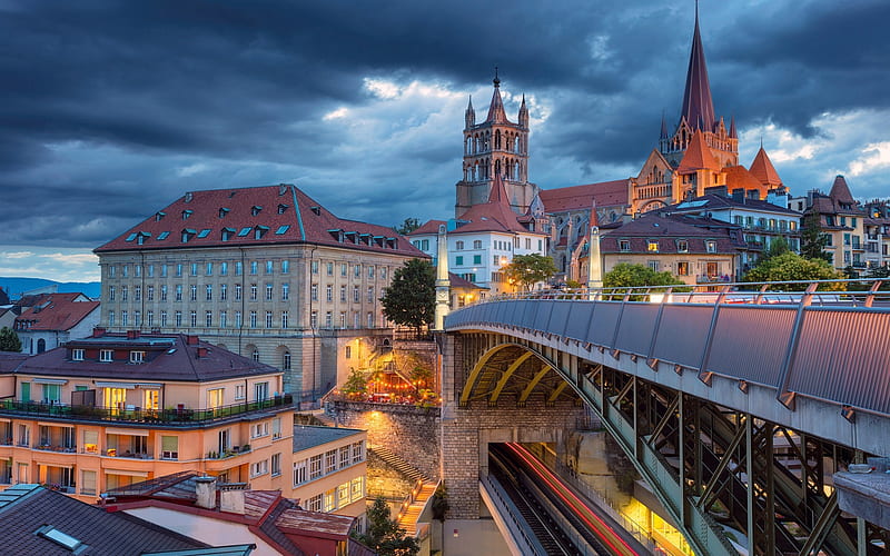 Lausanne Cathedral, evening, bridge, Lausanne, Switzerland, HD wallpaper