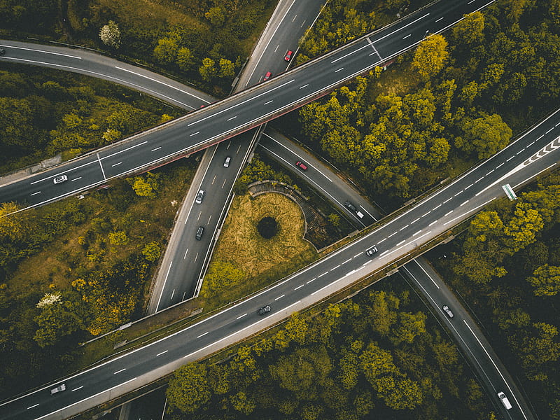aerial graphy of interlocking ways with travelling cars, HD wallpaper
