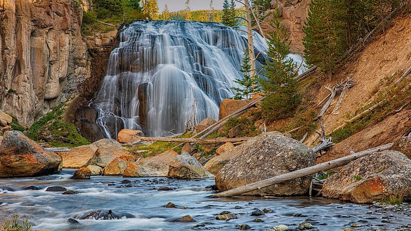 Gibbon Falls, Yellowstone NP, Wyoming, rocks, river, cascades, trees, usa, stones, HD wallpaper