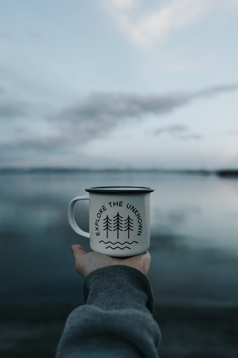 mug, inscription, hand, lake, nature, HD phone wallpaper