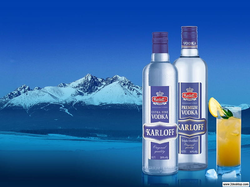 Vodka Karloff, glass, juice, snow, bottles, vodka, lemon, blue, HD wallpaper