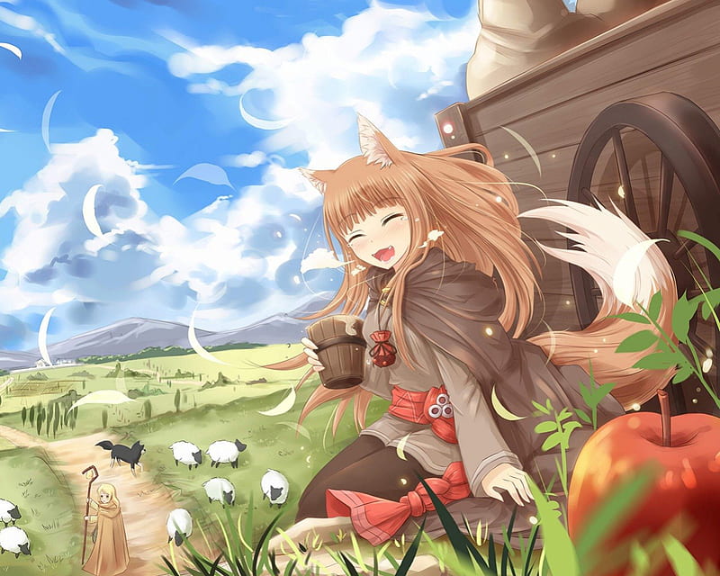 ~Spice & Wolf~, apple, Norah Arendt, Enek, sky, clouds, sheep, wagon, anime, holo, landscape, spice and wolf, HD wallpaper