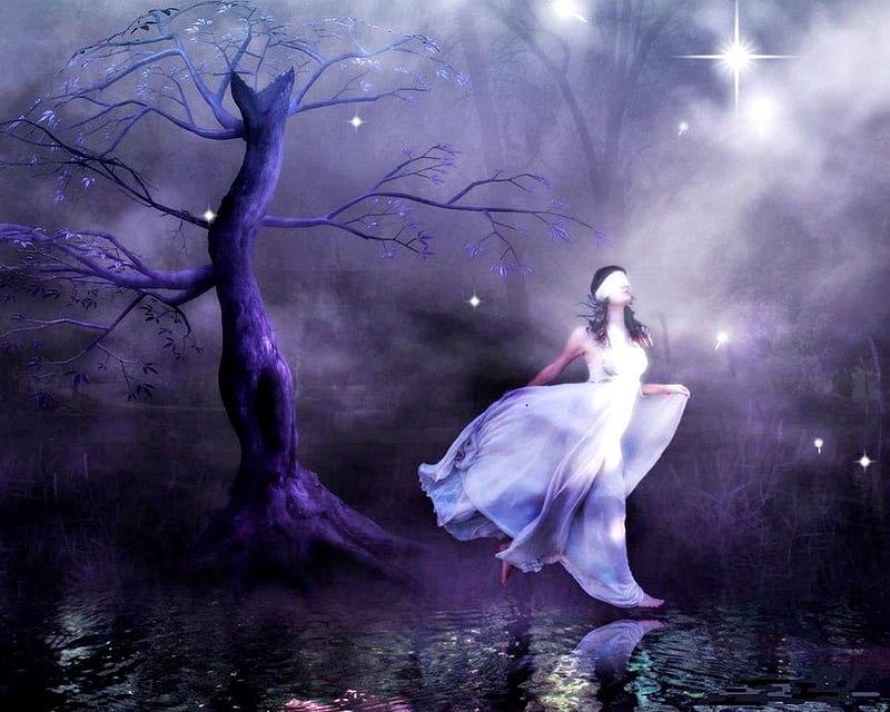 Night blind, tree, fantasy, blind, magical, woman, night, HD wallpaper ...