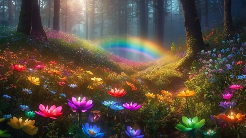 Magical rainbow misty forest with colorful flower field, napsugarak, szivarvany, fak, erdo, varazslatos, szines viragok, napfeny, elenk szinek, kod, HD wallpaper