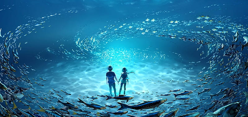 Download wallpaper 3840x2400 girl, neko, underwater world, fish, sea, anime  4k ultra hd 16:10 hd background