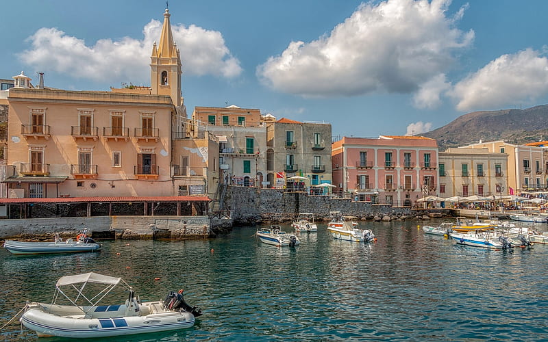 Marina in Italy, houses, marina, boats, Italy, island, church, clouds, sea, HD wallpaper
