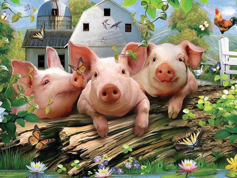 By Howard Robinson, cute, art, pig, butterfly, painting, Howard Robinson, HD wallpaper