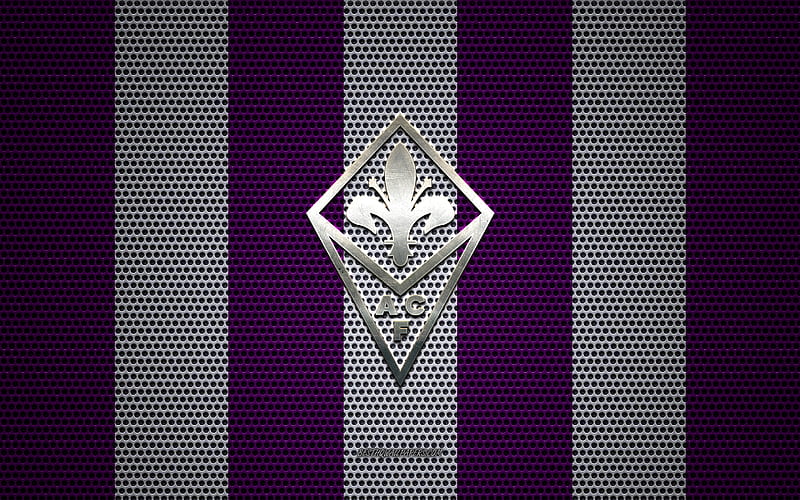 ACF Fiorentina logo, Italian football club, metal emblem, violet-white metal mesh background, ACF Fiorentina, Serie A, Florence, Italy, football, HD wallpaper