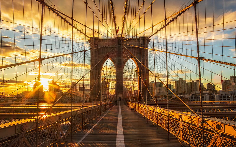 New York, Brooklyn Bridge, Manhattan, sunrise, morning, American flag, landmark, skyscrapers, USA, HD wallpaper