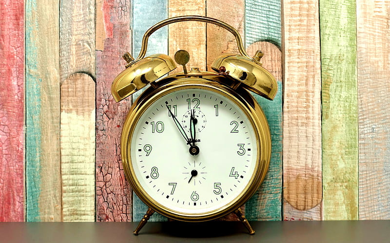 golden alarm clock, time concepts, colorful wooden boards, clock, HD wallpaper