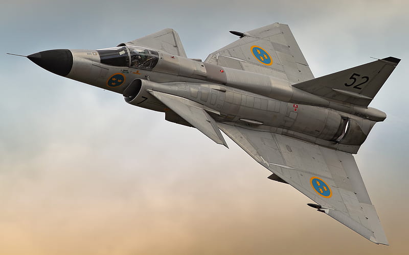 Saab 37 Viggen, Swedish fighter, Swedish Air Force, coat of arms, military aircraft, Sweden, HD wallpaper