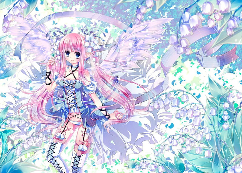 The Spring Fairy, wings, dress, lilies of the valley, boots, pointed ears, bonito, spring, ribbons, ponytails, anime, flowers, blue eyes, long hair, pink hair, fairy, HD wallpaper