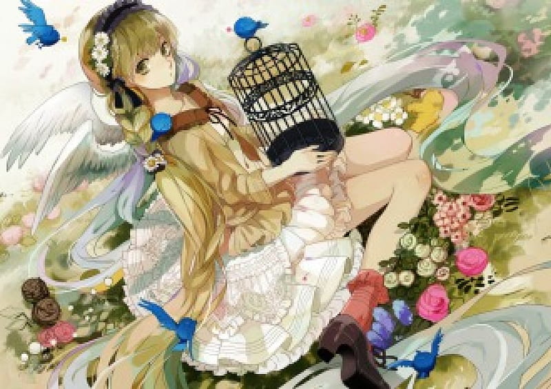 Angel Cage, pretty, wing, sweet, floral, nice, anime, feather, beauty, anime girl, vocaloids, long hair, wings, lovely, gown, miku, blonde, braids, hatsune, cage, dress, blond, hatsune miku, bonito, blossom, vocaloid, female, angel, blonde hair, blond hair, girl, bird, flower, petals, miku hatsune, HD wallpaper