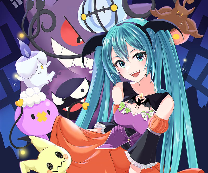 Anime, Crossover, Pokémon , Vocaloid , Gastly (Pokémon) , Hatsune Miku , Gengar (Pokémon), HD wallpaper