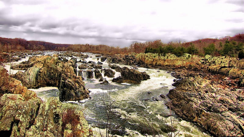 great falls on the potomac river in virginia, forest, rocks, river, clouds, falls, HD wallpaper