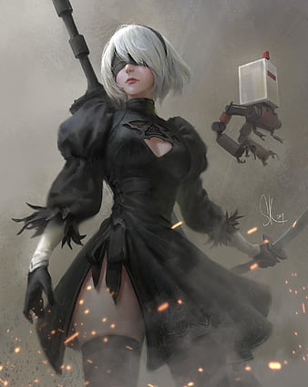 Cyborg girl 2B with a blindfold: gaming pictures [Artist: Norman