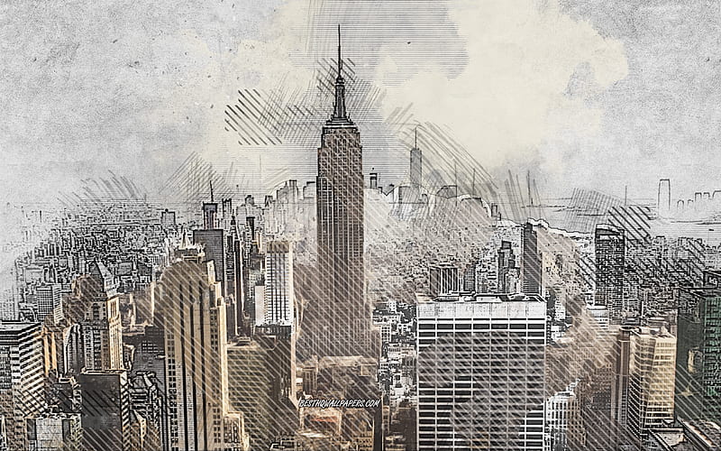 New York, Empire State Building, grunge art, drawing, creative art, cityscape, USA, NY, HD wallpaper
