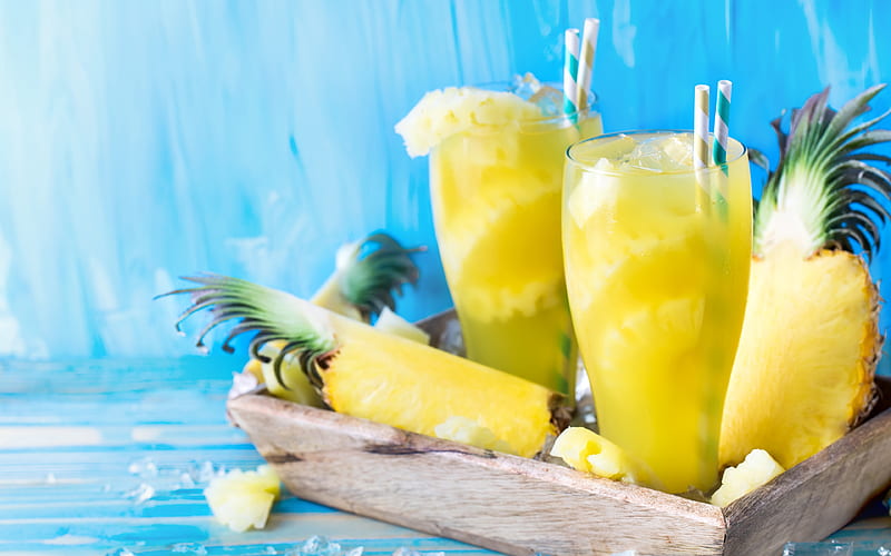 pineapple smoothies, fruits, breakfast, smoothie with pineapples, healthy food, fruit smoothies, pineapples, HD wallpaper
