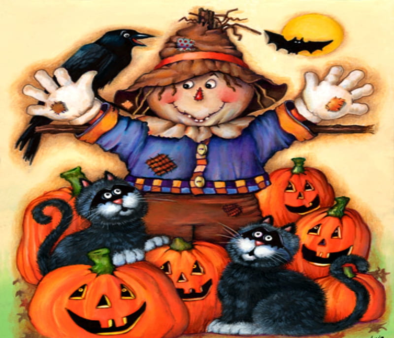 Scarecrows Halloween Pumpkins, Black Cats, Scarecrows, Halloween, Pumpkins, Crows, HD wallpaper