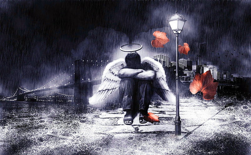 SAD ANGEL in the RAIN, art, autumn, maple, angel, sad, rain, HD wallpaper